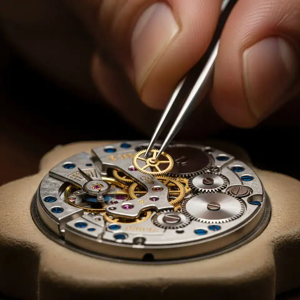 Feinmechaniker bei der Montage eines Uhrwerke, Präzisionsarbeit in der Uhrenindustrie, Handarbeit an einem hochwertigen mechanischen Uhrwerk, Uhrmacher bei Feinarbeiten, Uhrreparatur und Wartung.