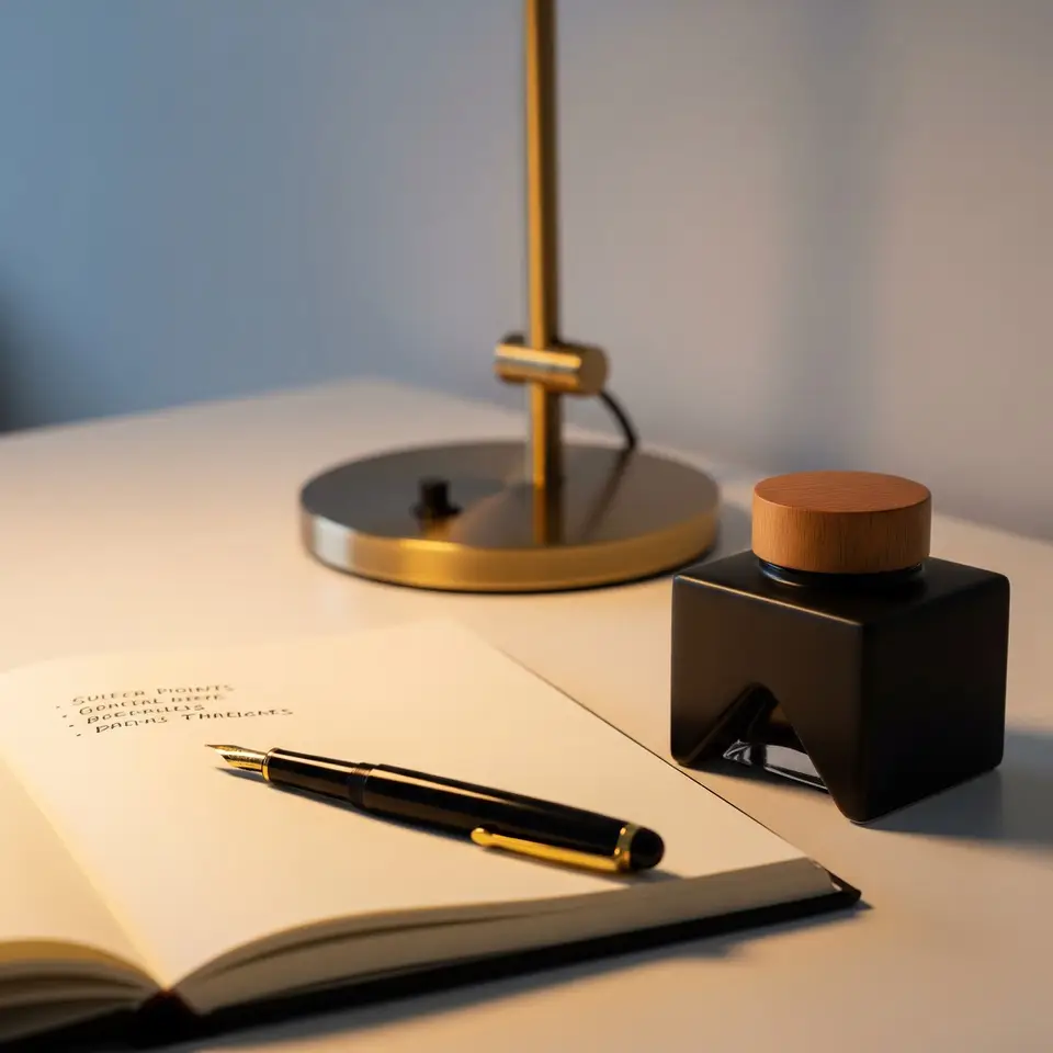 Eleganter Schreibtisch mit modernen Dekorationsgegenständen, Notizbuch, Kugelschreiber, Tischlampe und Duftlampe für stilvolle Bürogestaltung.