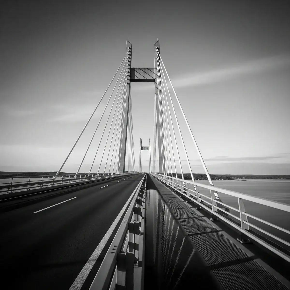 Brückendesign in Schwarz-Weiß, moderne Architektur, Infrastruktur, Autobahn, Kabelbrücke, Ingenieurkunst, Stadtsilhouette im Hintergrund, nachhaltige Verkehrslösung, innovative Brückentechnik, Panoramablick.