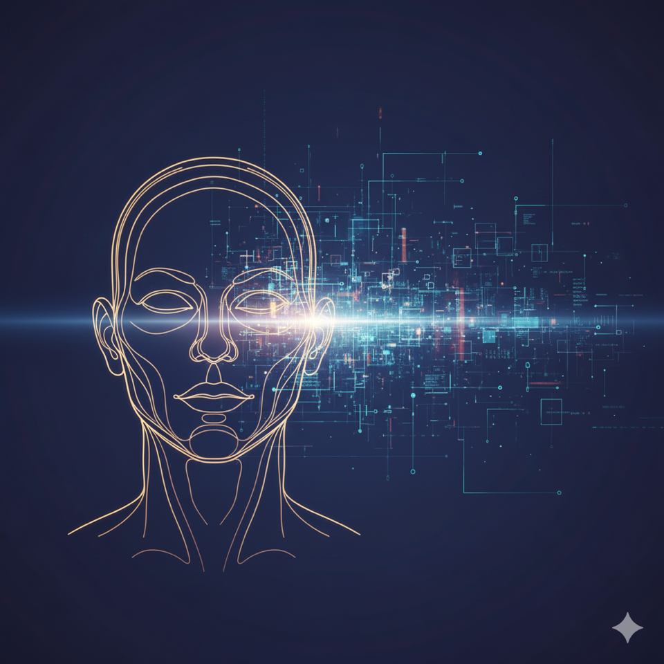 Abstrakte Visualisierung von Künstlicher Intelligenz (KI) als Verbindung von menschlicher Form und digitaler Technologie in der strategischen Kommunikation.