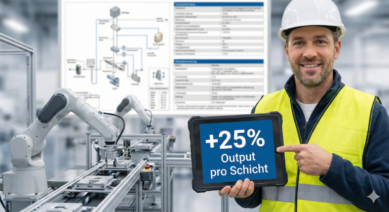 B2B-Themenbild zur Kommunikation: Ein lächelnder Facharbeiter in Warnweste und weißem Helm hält ein Tablet mit der Aufschrift '+25 % Output pro Schicht'. Im Hintergrund sind eine automatisierte Fertigungsstraße sowie ein technisches Schaltbild und ein Datenblatt eingeblendet, was die Übersetzung von technischer Präzision in messbaren Kundennutzen symbolisiert.