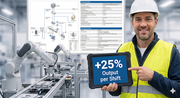 B2B theme image for communication: A smiling skilled worker in a high-visibility vest and white helmet holds a tablet saying '+25% Output per shift'. In the background, an automated production line as well as a technical circuit diagram and a data sheet are shown, symbolizing the translation of technical precision into measurable customer benefit.