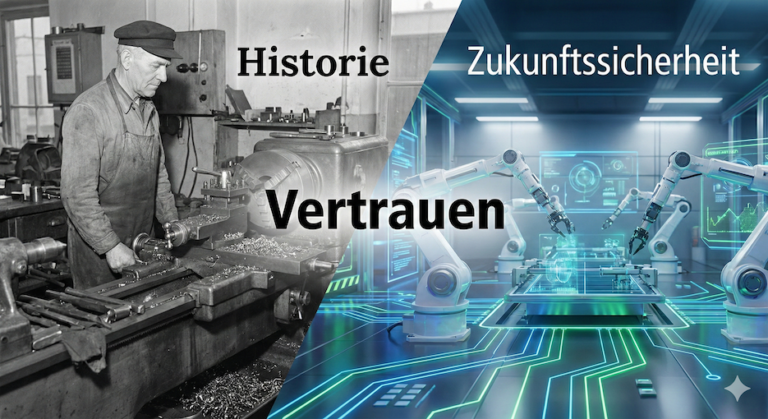 Collage zur Markenidentität im Mittelstand. Verbindung von Tradition (historische Werkstatt-Aufnahme) und Moderne (automatisierte Fertigung) mit dem zentralen Ankerbegriff „Vertrauen“.