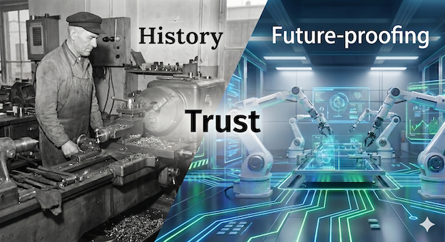 Collage on brand identity in the SME sector. Connecting tradition (historical workshop photo) and modernity (automated production) with the central anchor term "Trust"