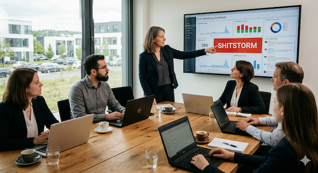 A focused crisis PR team in an SME conference room in 2026. A female CEO points calmly to a large monitor clearly displaying the word "SHITSTORM," while five employees work concentrated on their laptops on damage control and strategic response.
