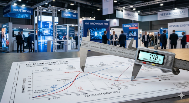 Detailed close-up: A precise digital caliper measures the highest peak of the red "Market Relevance" curve on a printed "Market Analysis HMI 2026 – Projection Curve." The digital display of the caliper shows exactly "74.8% MARKET RELEVANCE." The paper chart shows axes for "Period (months) Q1-Q4 2026" and "Market Relevance (%)" as well as trend lines for "Market Acceptance" and "Competition." The background shows a blurry, busy HMI trade fair with clear signs for "INDUSTRY 4.0," "GLOBAL DIGITAL," and "HESSEN DIGITAL." This image visualizes the concept of marketing as a measurable, causal precision tool for engineers.