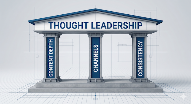 A technical 3D infographic representing the 3-pillar model of PR statics. Three sturdy pillars labeled 'Content Depth', 'Channels', and 'Consistency' support a common roof titled 'Thought Leadership'. The style is minimalistic, resembling an architectural blueprint.