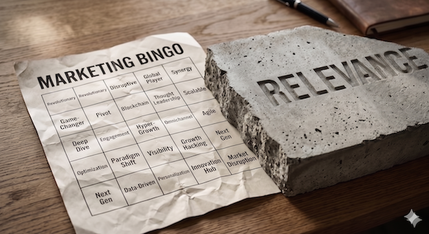A metaphorical photograph set on a wooden desk. A crumpled sheet of paper features a 'MARKETING BINGO' grid filled with various business buzzwords like 'Revolutionary', 'Disruptive', 'Growth Hacking', and 'Deep Dive'. Next to it, a massive, heavy, rough-hewn concrete block has the German word 'RELEVANZ' deeply carved into it, contrasting superficial jargon with solid, foundational value. A pen and notebook are also visible on the desk.