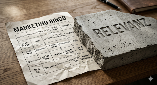 „Die Entlarvung“ Alt Text: Symbolbild auf einem Holztisch: Ein zerknittertes Blatt Papier mit einem „MARKETING BINGO“-Gitter voller Buzzwords wie „Revolutionary“, „Disruptive“ und „Deep Dive“ liegt neben einem massiven, schweren Betonblock. In den Beton ist das Wort „RELEVANZ“ tief eingraviert. Das Bild verdeutlicht den Kontrast zwischen hohlen Marketing-Phrasen und echter inhaltlicher Substanz.