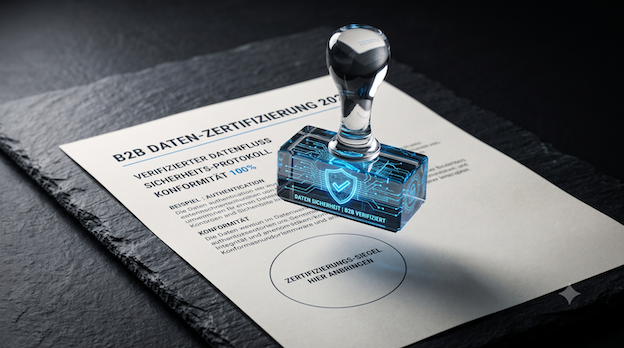 Konzeptionelles B2B-Studiofoto: Ein gläserner Stempel mit blau leuchtenden Datenstrukturen im Inneren besiegelt ein Dokument. Eine visuelle Metapher für die Governance und rechtliche Identität von KI-Agenten im Unternehmen.