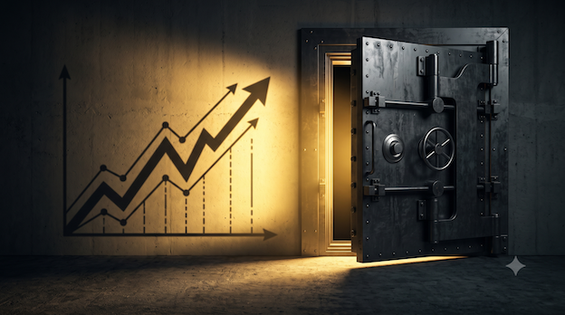 Conceptual B2B studio photograph: An open vault door with a golden beam of light casting a shadow of a performance graph. A visual metaphor for active financial communication and creditworthiness in the Mid-sized Companies