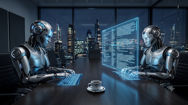 Two highly advanced android robots interacting with each other in a modern, minimalist B2B boardroom at night in front of screens displaying text data.