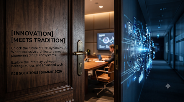 An open door leading from a room filled with digital data streams into a quiet B2B meeting room with black text overlay in Montserrat font.