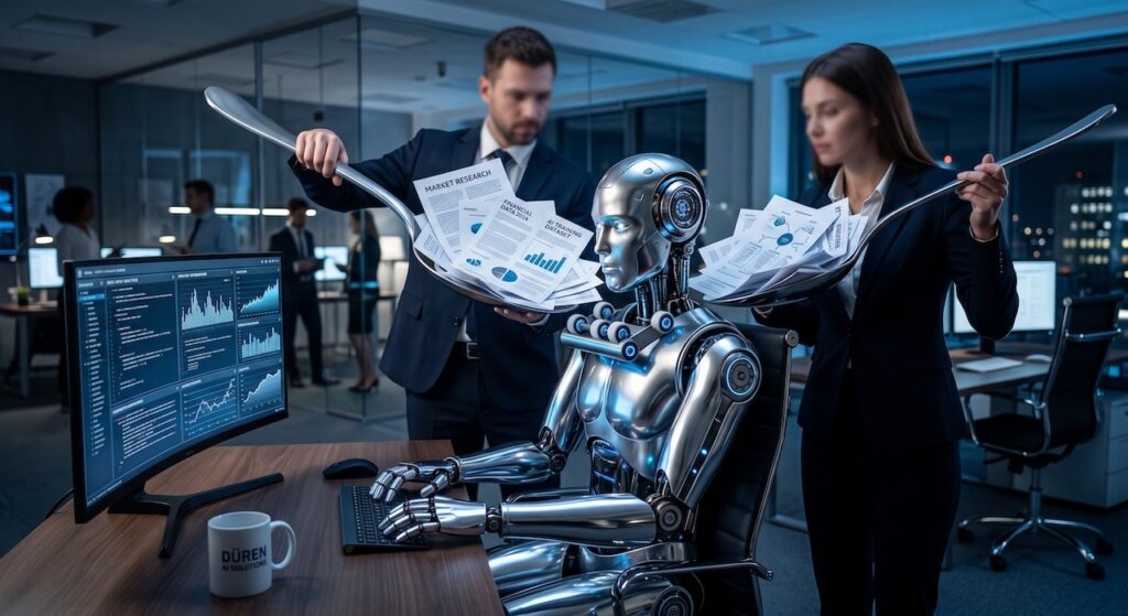 An AI robot in an office being fed text documents by two individuals in business suits.