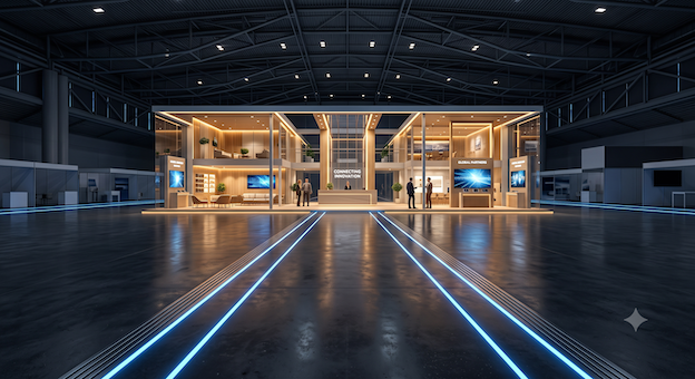 An illuminated runway leads to a modern B2B exhibition stand as a symbol of the 6-month trade fair preparation
