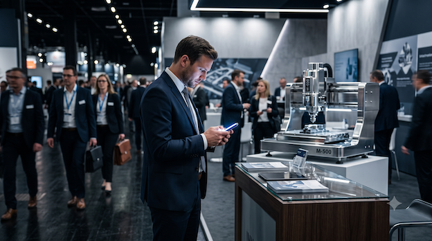 An employee stares at their smartphone at a modern B2B trade show booth, while visitors carelessly stroll by in the background